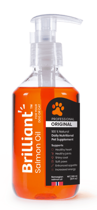 A 10 fl oz bottle of Brilliant Salmon Oil Professional