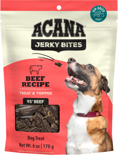 A bag of Acana Jerky bite treats or topper in the flavor beef.