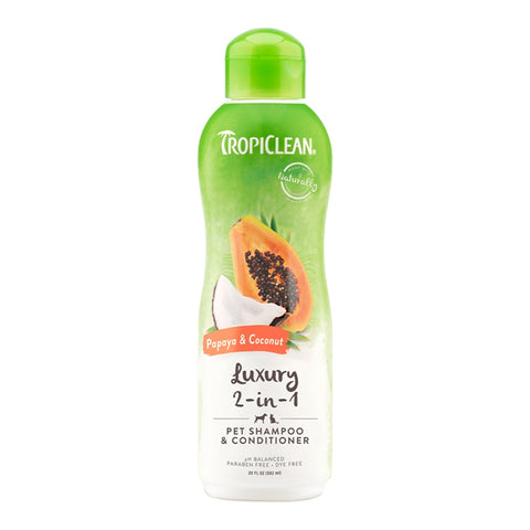 A Bottle of The Tropiclean Papaya & Coconut Luxury 2-IN-1 Shampoo and Conditioner 20oz