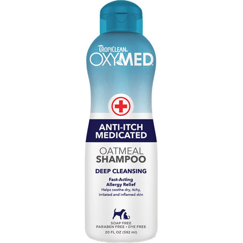 A Bottle of The Tropiclean OxyMed Medicated Anti Itch Oatmeal Shampoo 20oz