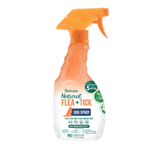 A Spray Bottle of The Tropiclean Natural Flea & Tick Spary for Dogs & Bedding 16oz
