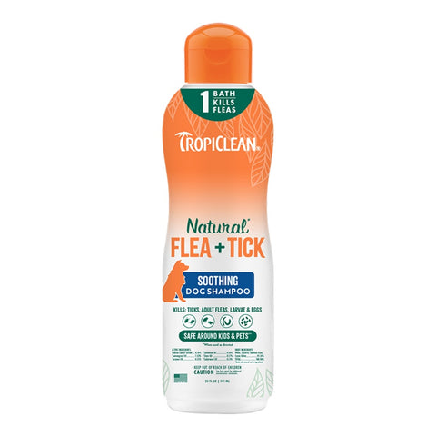 A Bottle of The Tropiclean Natural Flea & Tick Soothing Shampoo for Dogs 20oz