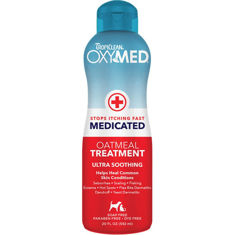 A Bottle Of the Tropiclean OxyMed Medicated Itch Relief Oatmeal Conditioning Treatment 20oz