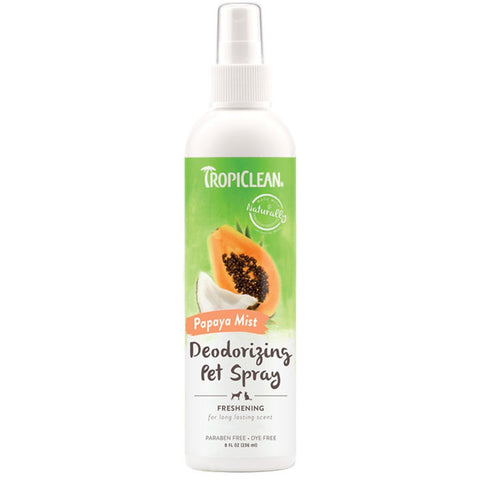 A Spray Bottle Of The Tropiclean Odor Eliminating Papaya Scent Spray for Dogs & Cats 8oz