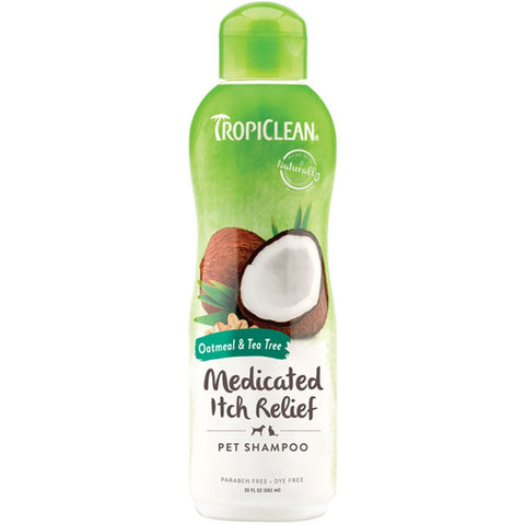 A Bottle of The Tropiclean Medicated Itchy Skin Relief Oatmeal & Tea Tree Shampoo for Dogs 20oz
