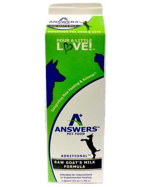 A 32oz Carton Of Answers Raw Goat's Milk Formula With a White Background.