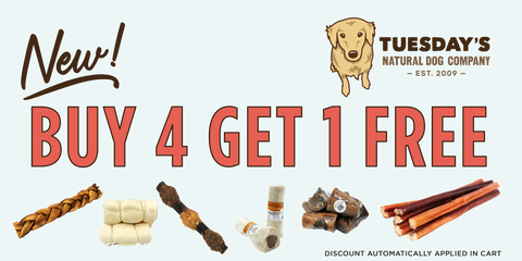 Graphic about Tuesday's Natural Dog Company Buy 4 Get 1 Free discount. 
