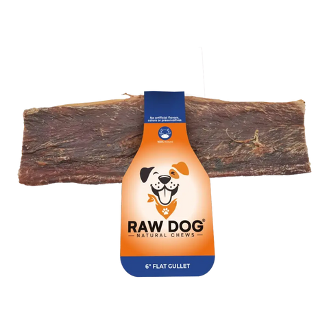 Raw Dog Beef Jerky Flat Gullet 6-inch grain-free limited ingredient dog chew made from 100% beef esophagus for hip and joint support.