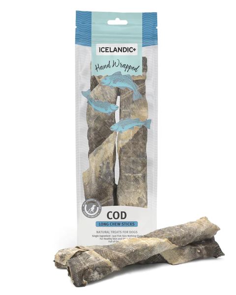 Icelandic+ Hand Wrapped Cod Skin Long Chew Sticks for Dogs 10" (2 pack)
